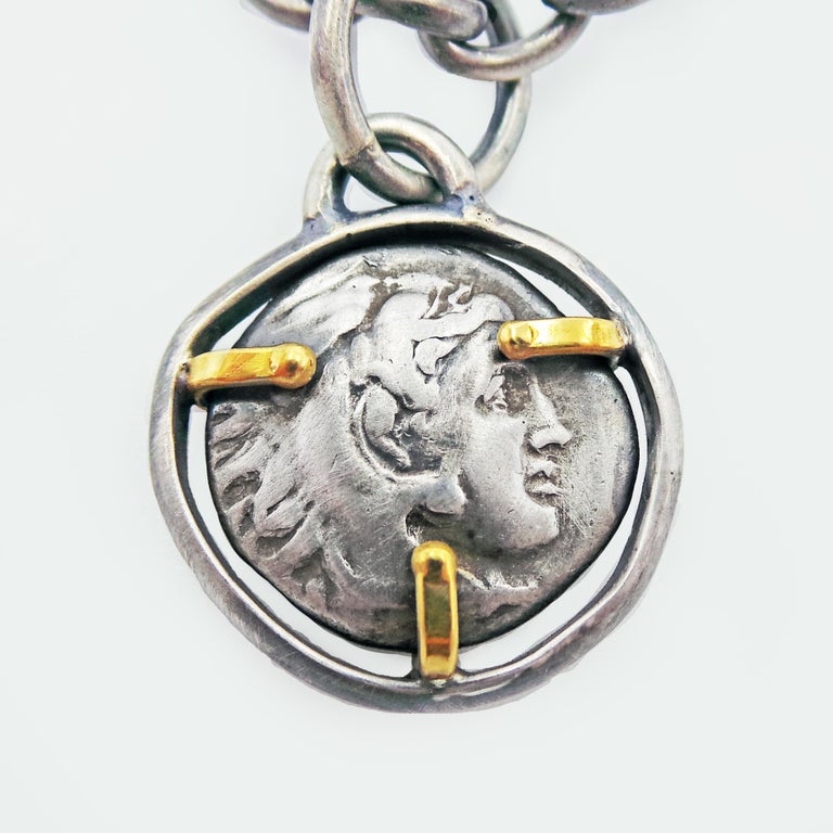 Women's or Men's Ancient Greek Drachm Silver Coin Reversible Pendant on Oxidized Chain Necklace