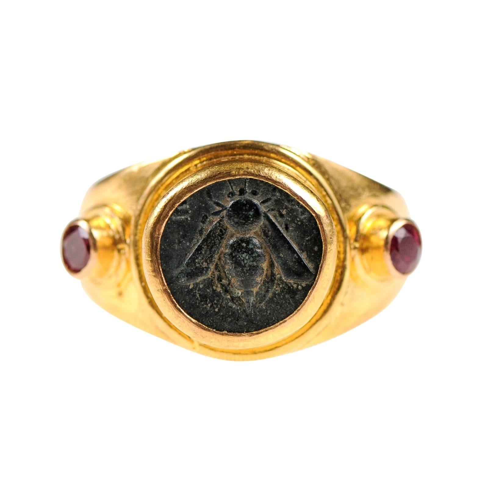 Ancient Greek Ephesos, Ionia Bronze Coin Set in Gold Ring Flanked by Rubies