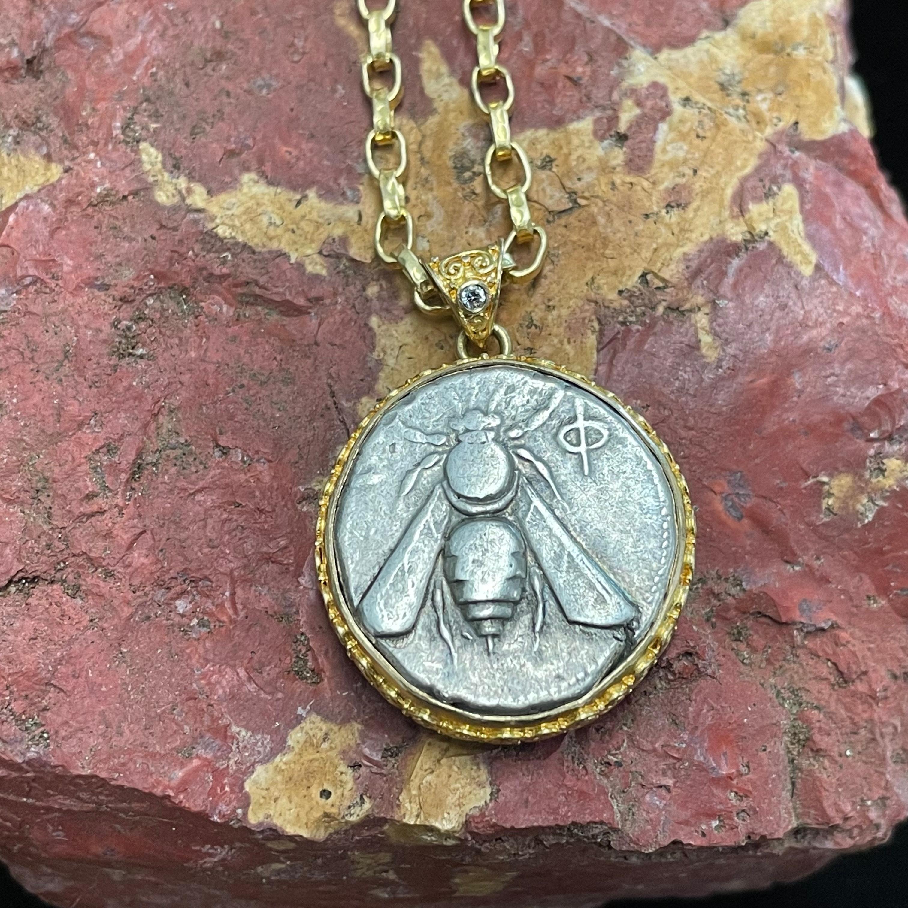 Round Cut Ancient Greek 4th Century BC Ephesus Bee Coin Pendant Diamond 22K Gold For Sale
