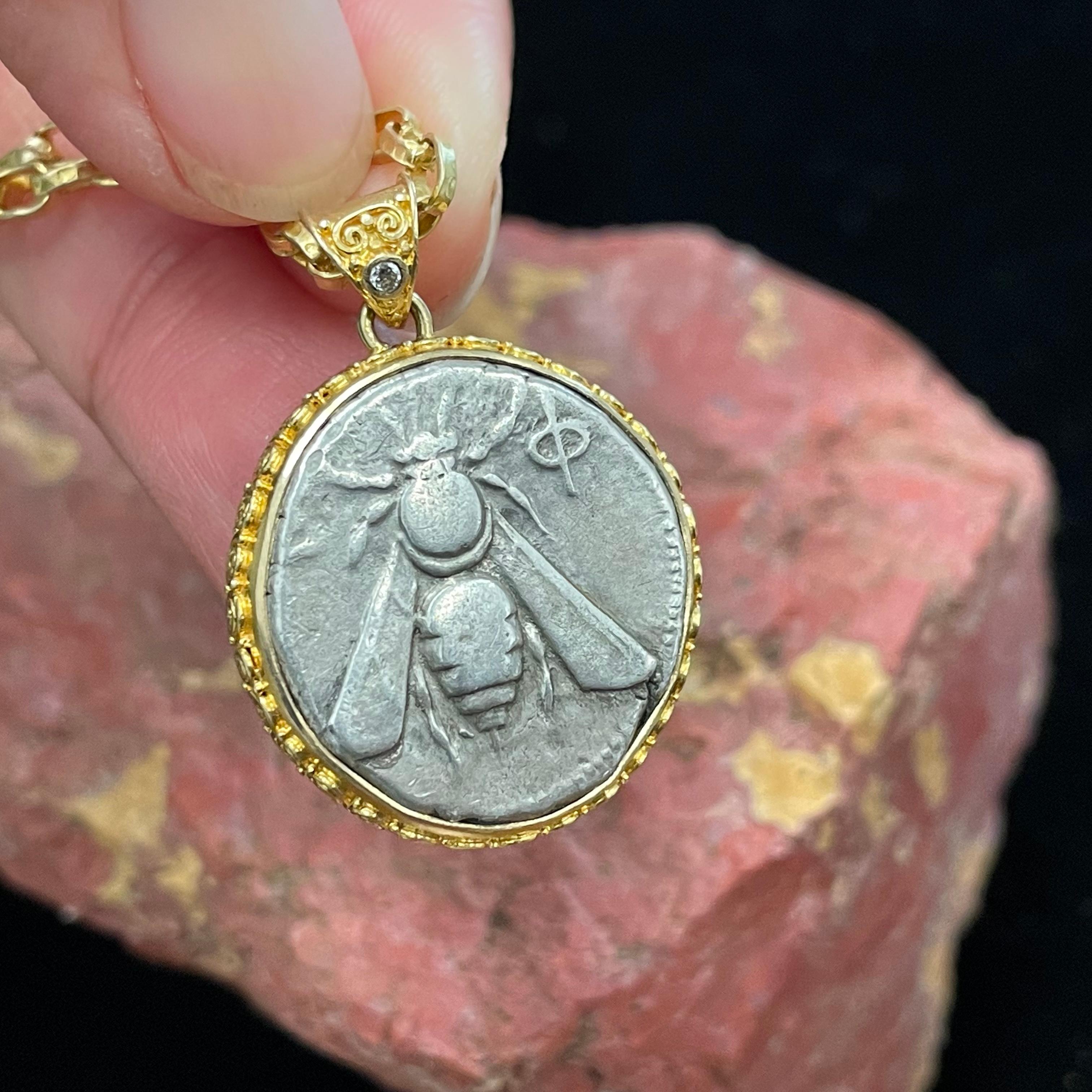 Ancient Greek 4th Century BC Ephesus Bee Coin Pendant Diamond 22K Gold For Sale 1
