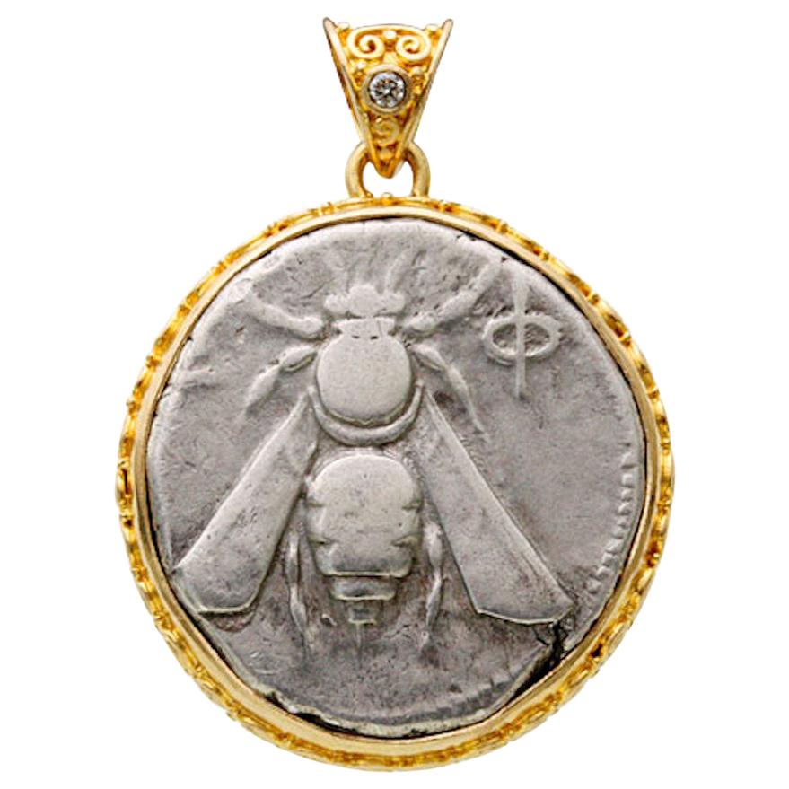 Ancient Greek 4th Century BC Ephesus Bee Coin Pendant Diamond 22K Gold