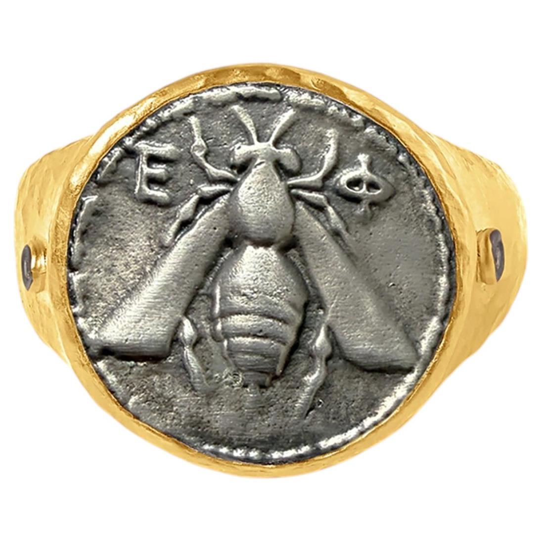 Ancient Greek Ephesus Style 24k Fused Gold Silver Diamond Bee Coin Signet Ring