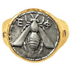 Ancient Greek Ephesus Style 24k Fused Gold Silver Diamond Bee Coin Signet Ring