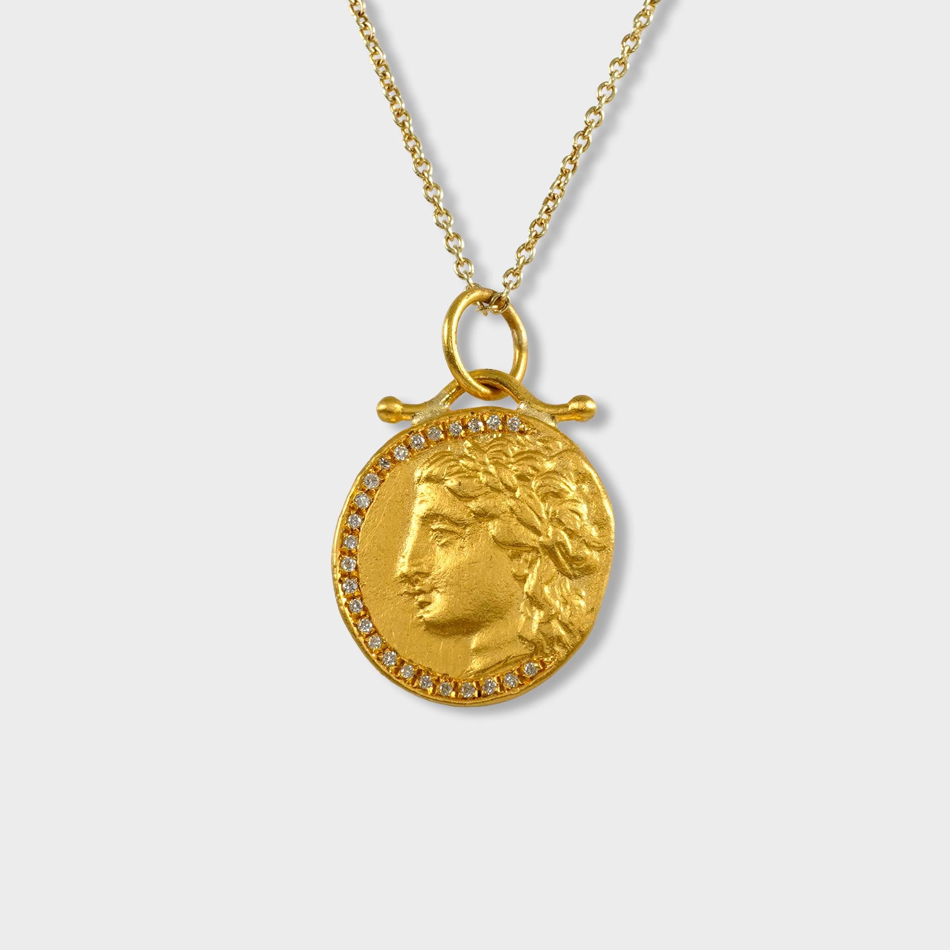 Ancient Greek Goddess Coin Replica Tetradrachm Charm Pendant, 24K Gold Diamonds In New Condition For Sale In Bozeman, MT
