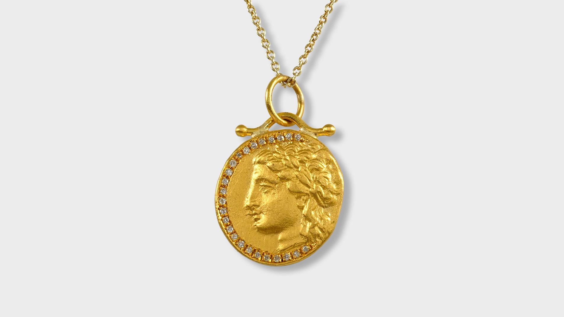 Women's or Men's Ancient Greek Goddess Coin Replica Tetradrachm Charm Pendant, 24K Gold Diamonds For Sale