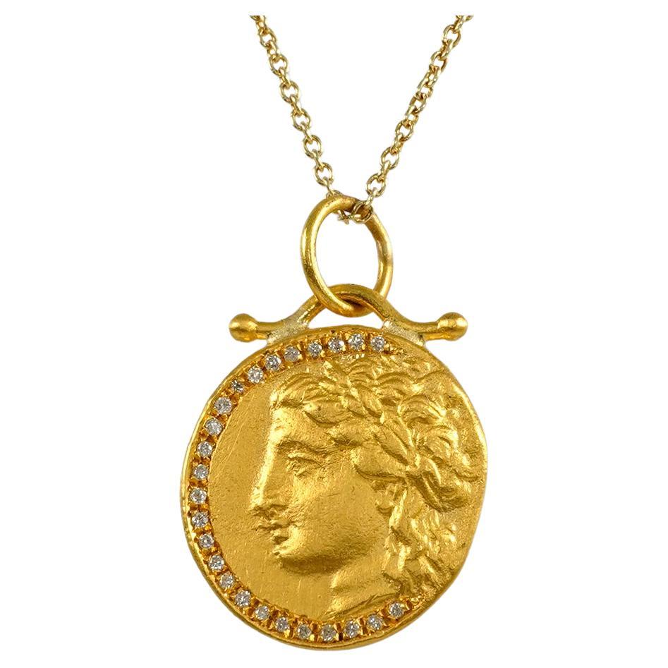 Ancient Greek Goddess Coin Replica Tetradrachm Charm Pendant, 24K Gold Diamonds For Sale