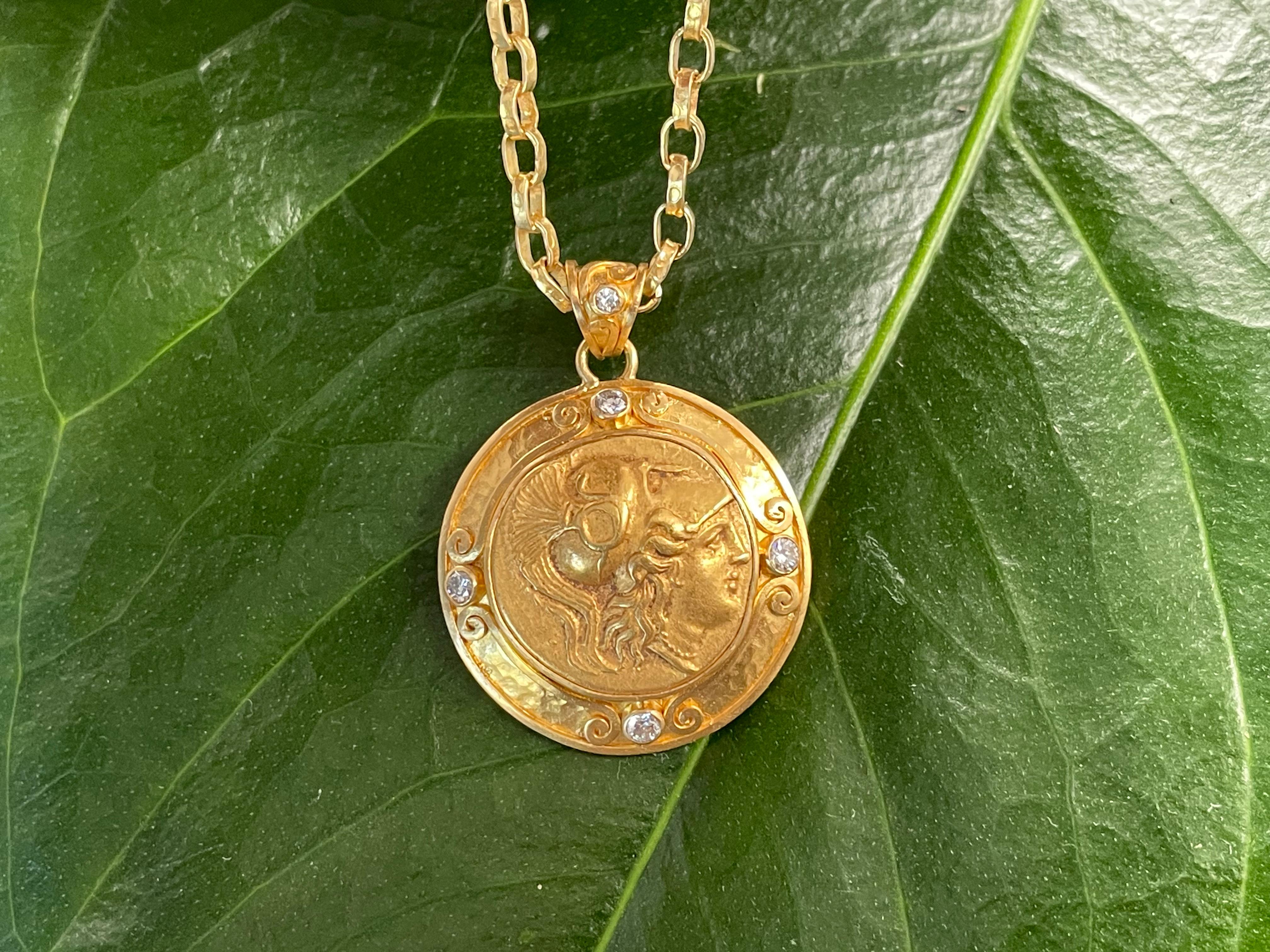 Ancient Greek 4th Century BC Athena Gold Stater and Diamonds Pendant 22k Gold In New Condition For Sale In Soquel, CA