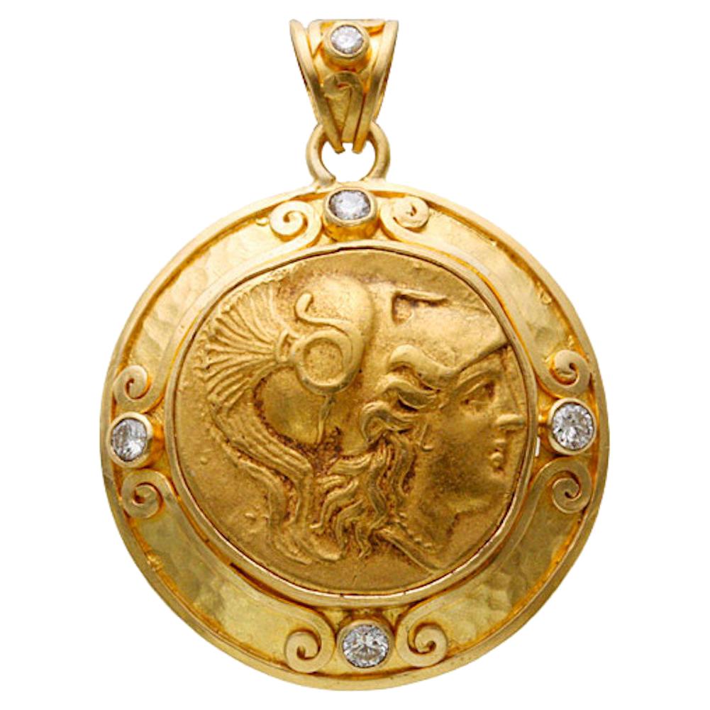 Pendentif en or 22k Athéna grecque ancienne, 4e siècle avant J.-C., avec statère et diamants