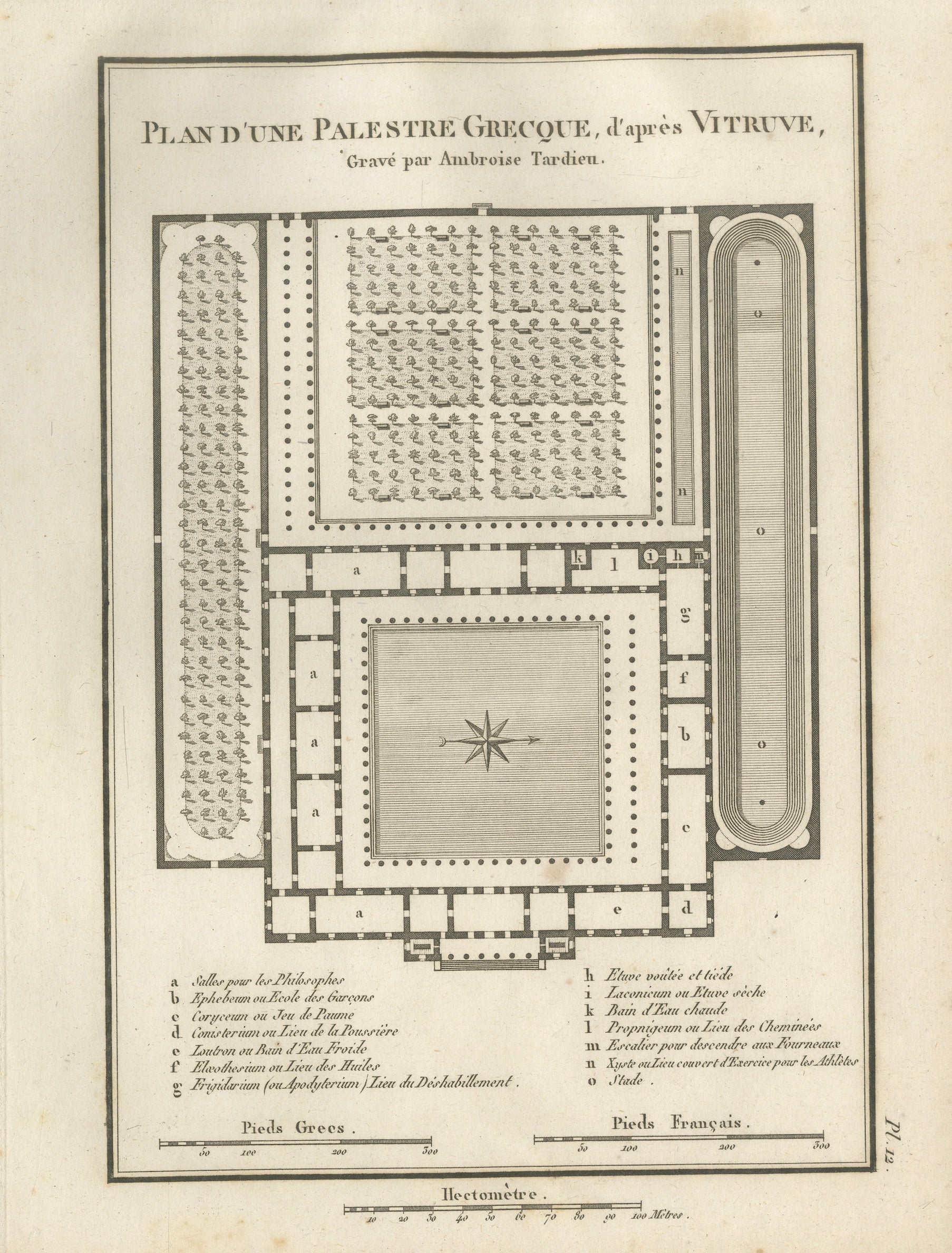 Ancient Greek Gymnasium and Palaestra Plan after Vitruvius, Tardieu, 1825
