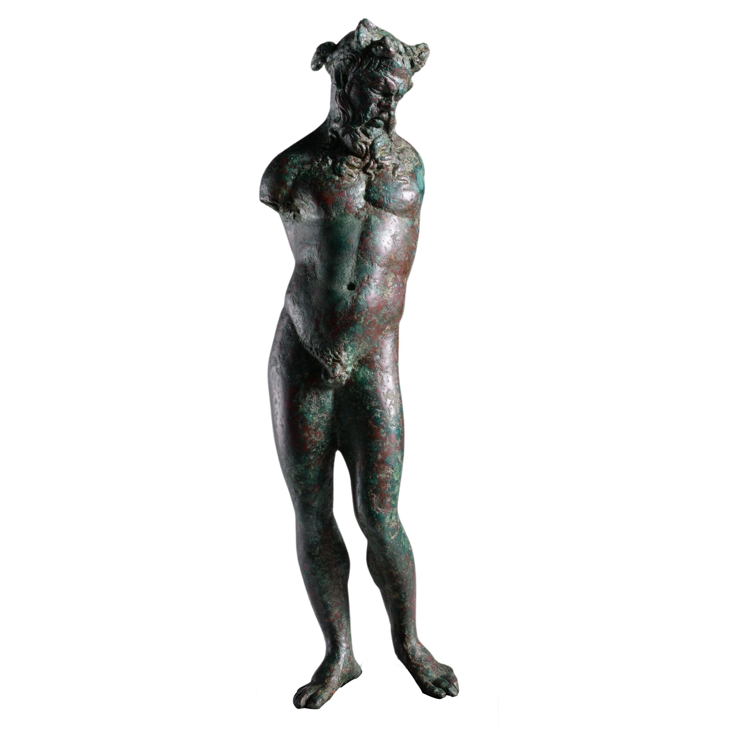 Ancient Greek Hellenistic Bronze Statuette of Satyr For Sale