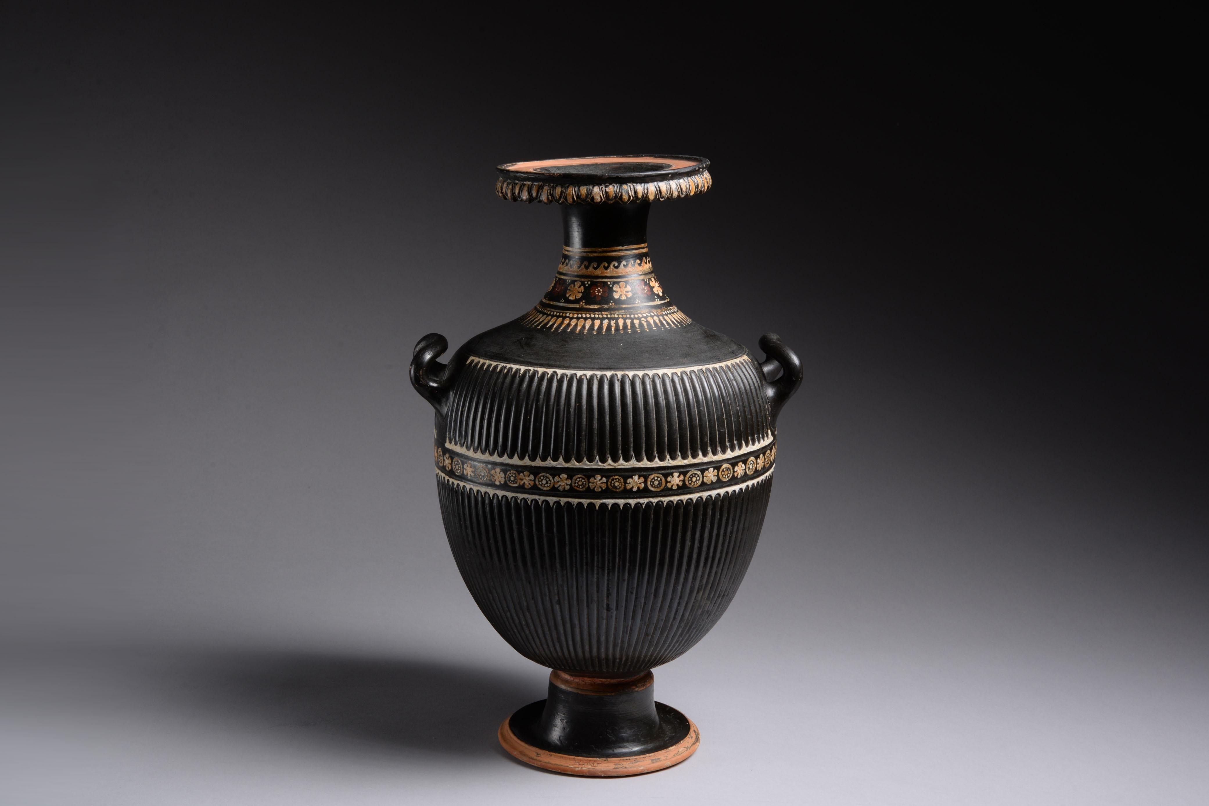 Apulian Gnathia-Ware Hydria
Circa 4th Century B.C.

“The Gnathia vases, with their beautiful simple forms ... are amongst the few desirable manifestations of Greek pottery of [this period.]” 
Emil Hannover, Pottery and Porcelain: A Handbook for