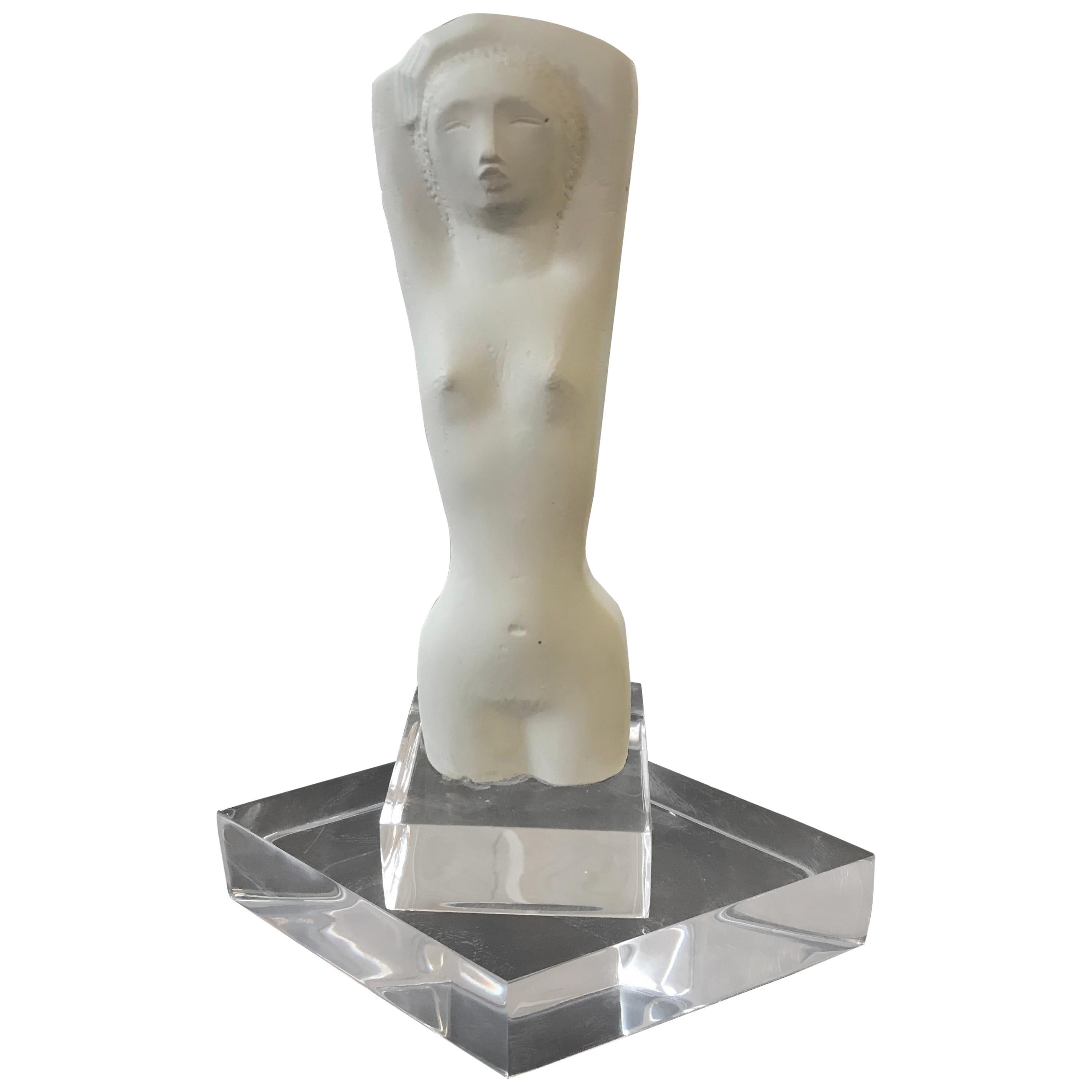 Ancient Greek Kore Style Plaster Sculpture on Lucite Base