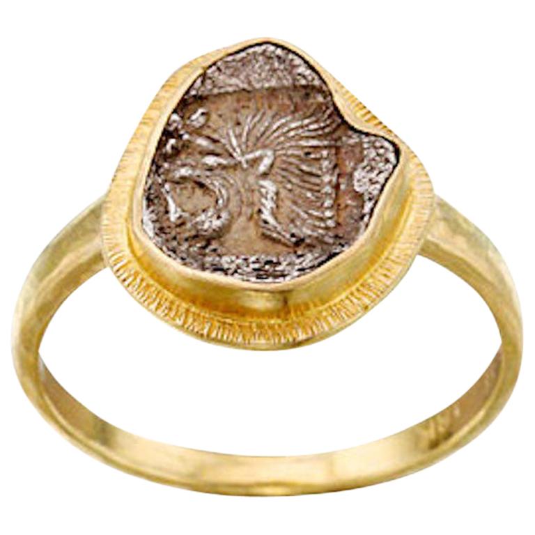 Ancient Greek 5th Century BC Lion Coin 18K Gold Ring For Sale