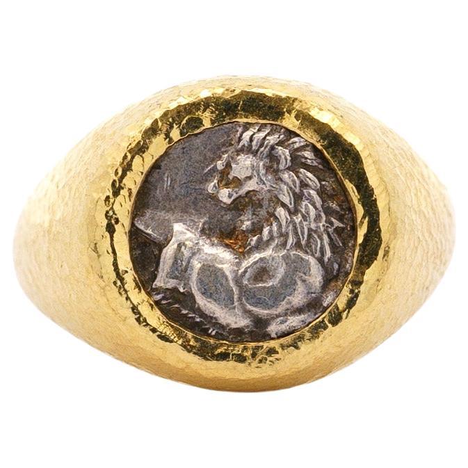 Ancient Greek Lion Hemidrachm 400 BC In 20K Gold with Hammered Finish Mens Ring