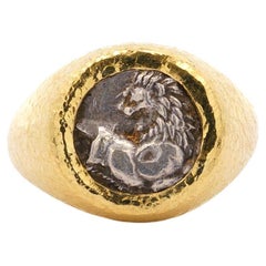 Vintage Ancient Greek Lion Hemidrachm 400 BC In 20K Gold with Hammered Finish Mens Ring