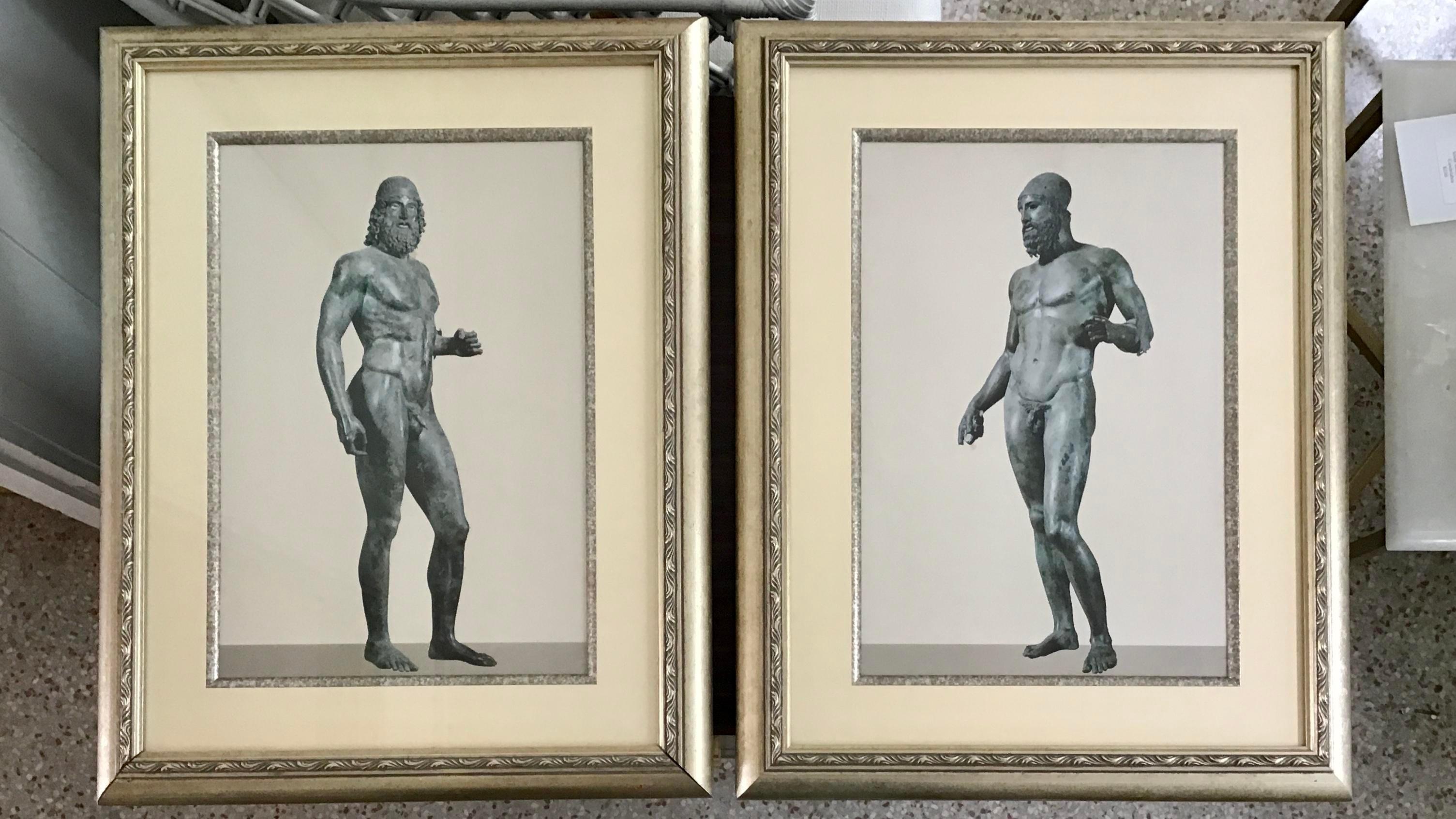 Pair of ancient Greek men statues photographs with frame and glass. Beautiful border details and colors.