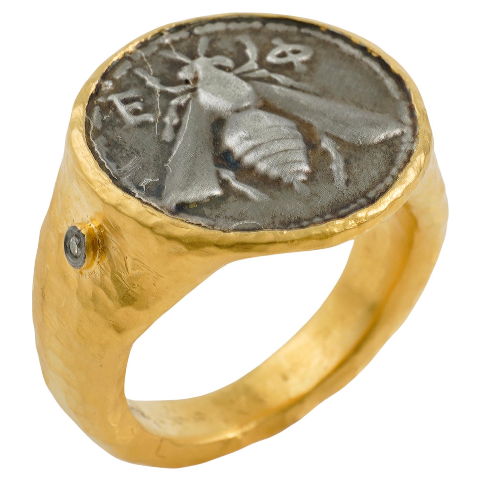 Ancient Greek Mythology Honey Bee SS Replica Coin Ring 24K Gold Diamonds Size6.5