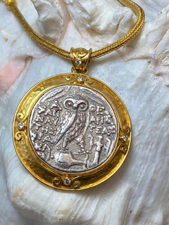 Steven Battelle Ancient Greek Owl Athena Coin Diamonds Pendant 22K Gold
