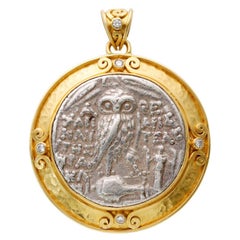Antique Steven Battelle Ancient Greek Owl Athena Coin Diamonds Pendant 22K Gold 