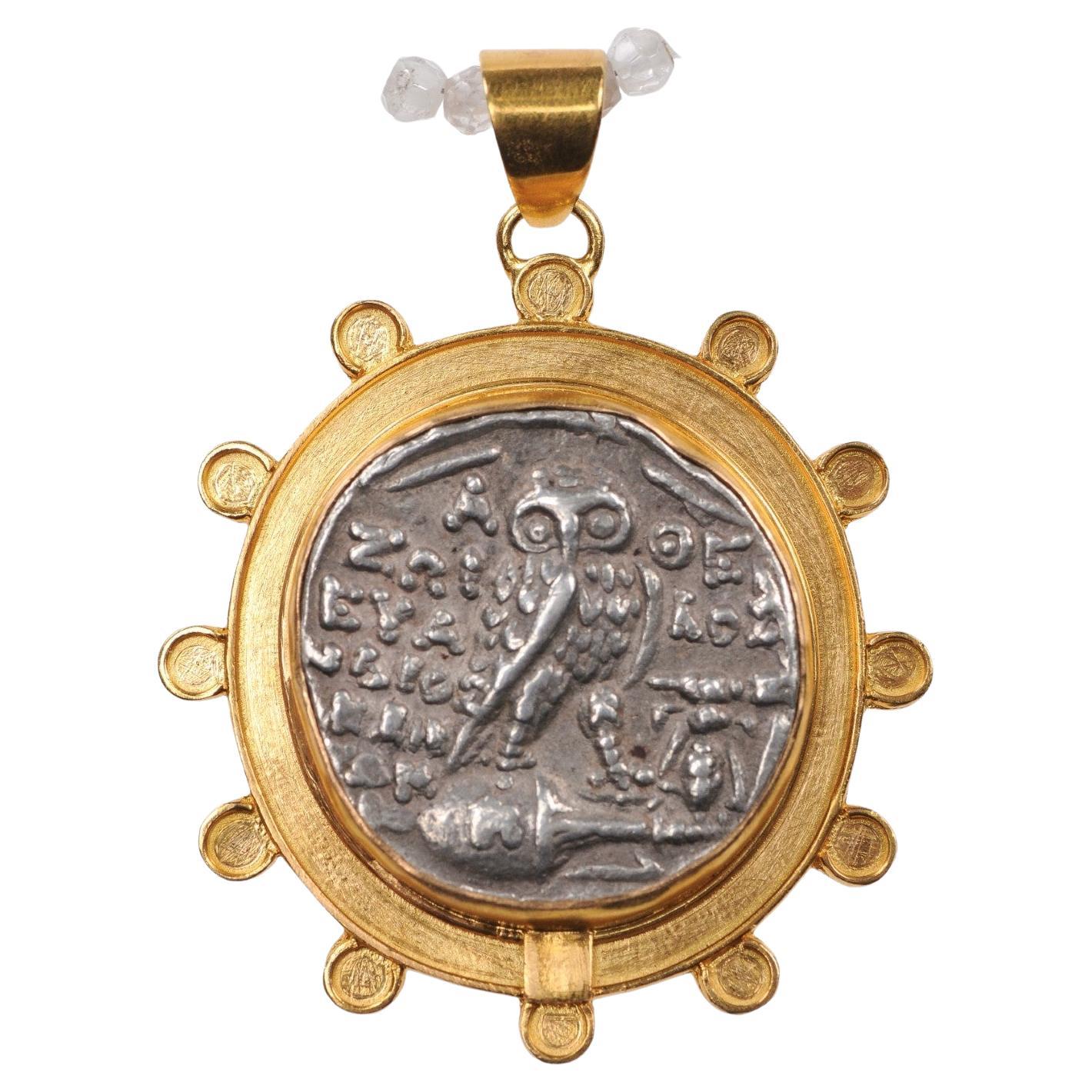 Ancient Greek Owl & Athena Coin Pendant (pendant only) For Sale