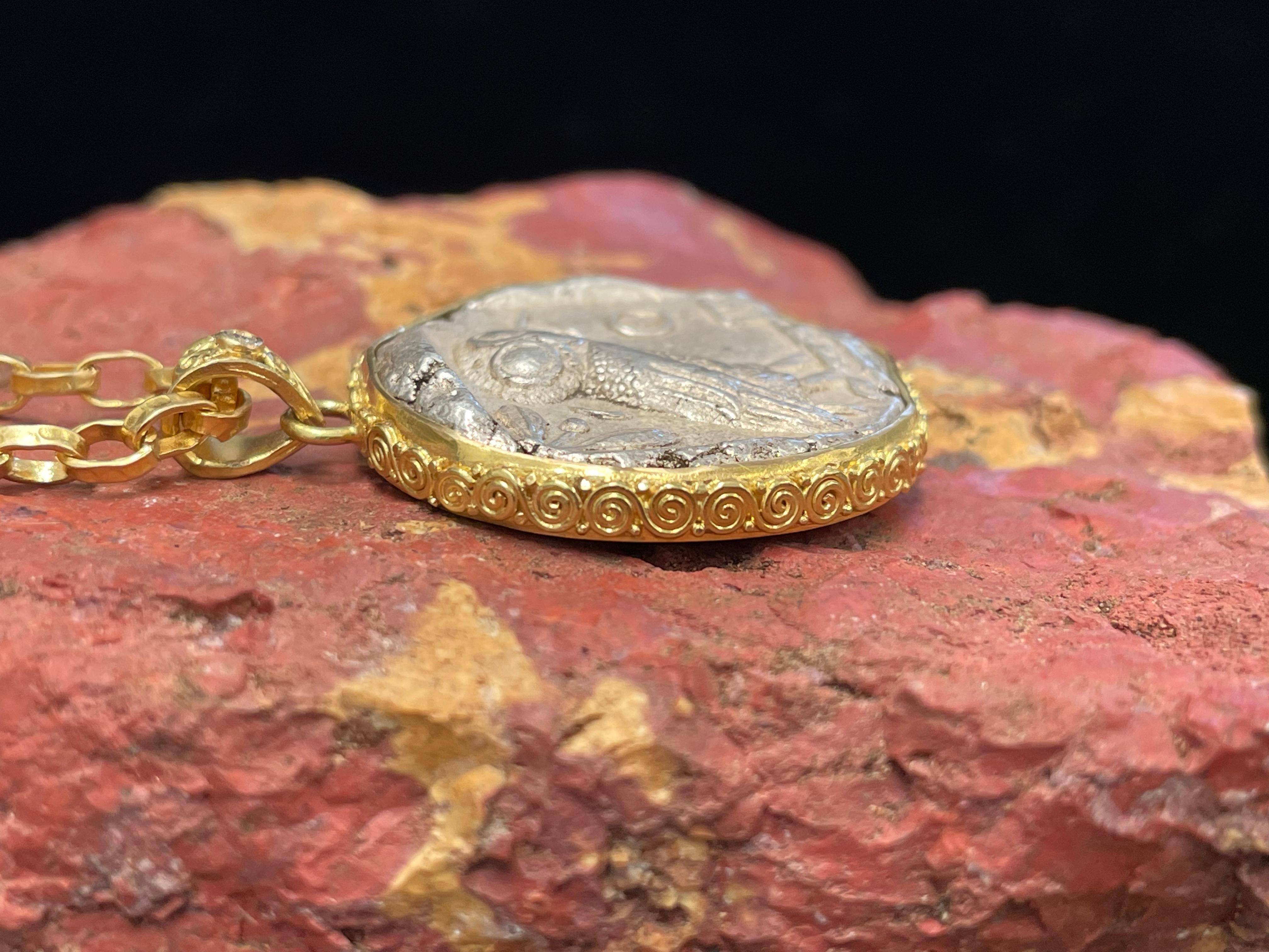 Ancient Greek Owl Coin Diamond 18K Gold Pendant 2