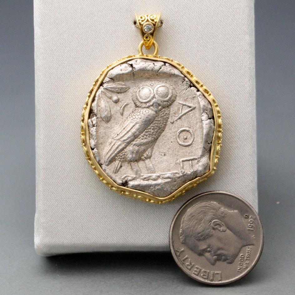 Round Cut Ancient Greek Owl Coin Diamond 18K Gold Pendant