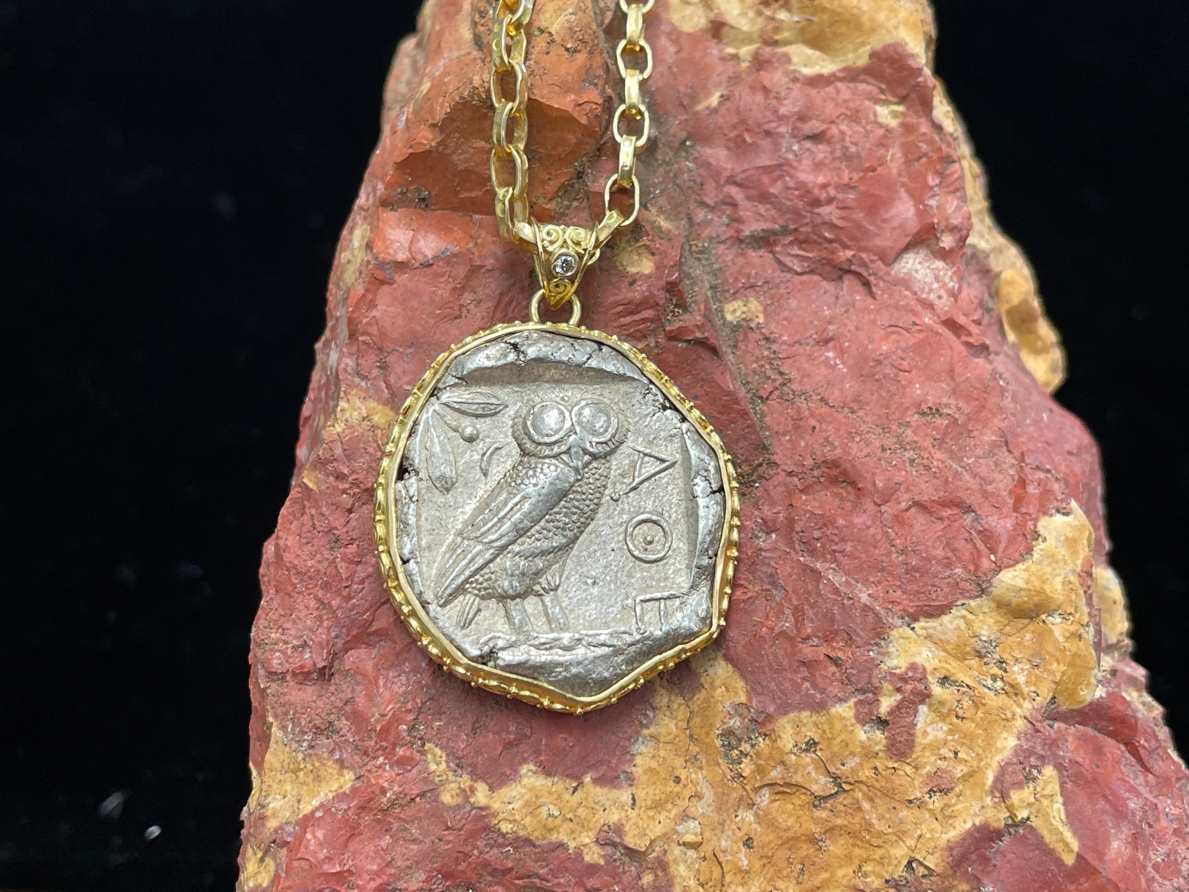Ancient Greek Owl Coin Diamond 18K Gold Pendant 1