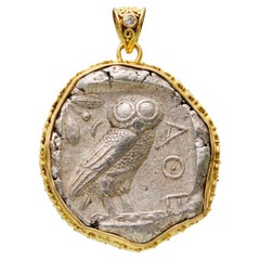 Ancient Greek Owl Coin Diamond 18K Gold Pendant