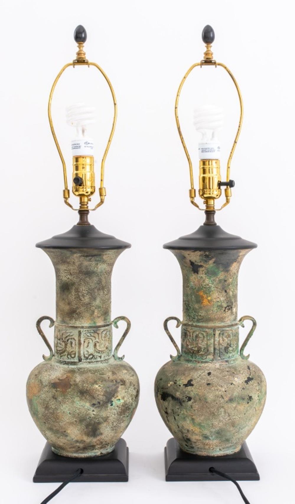 Patinated Ancient Greek Revival Amphora Table Lamps, Pair