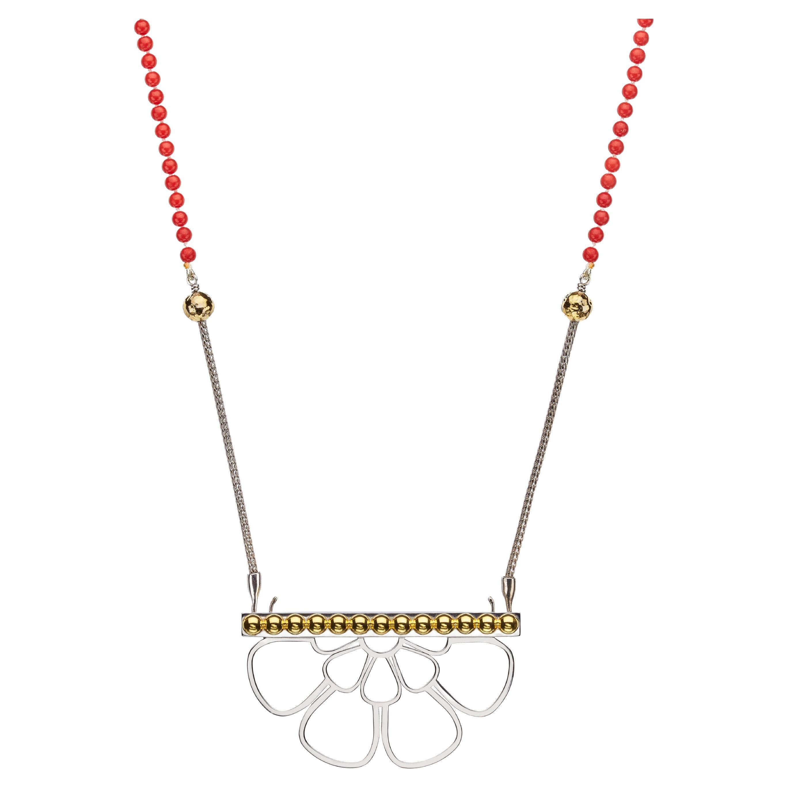 Ancient Greek Rosette Necklace Object D'Art with Red Coral 18kt Gold and Silver For Sale