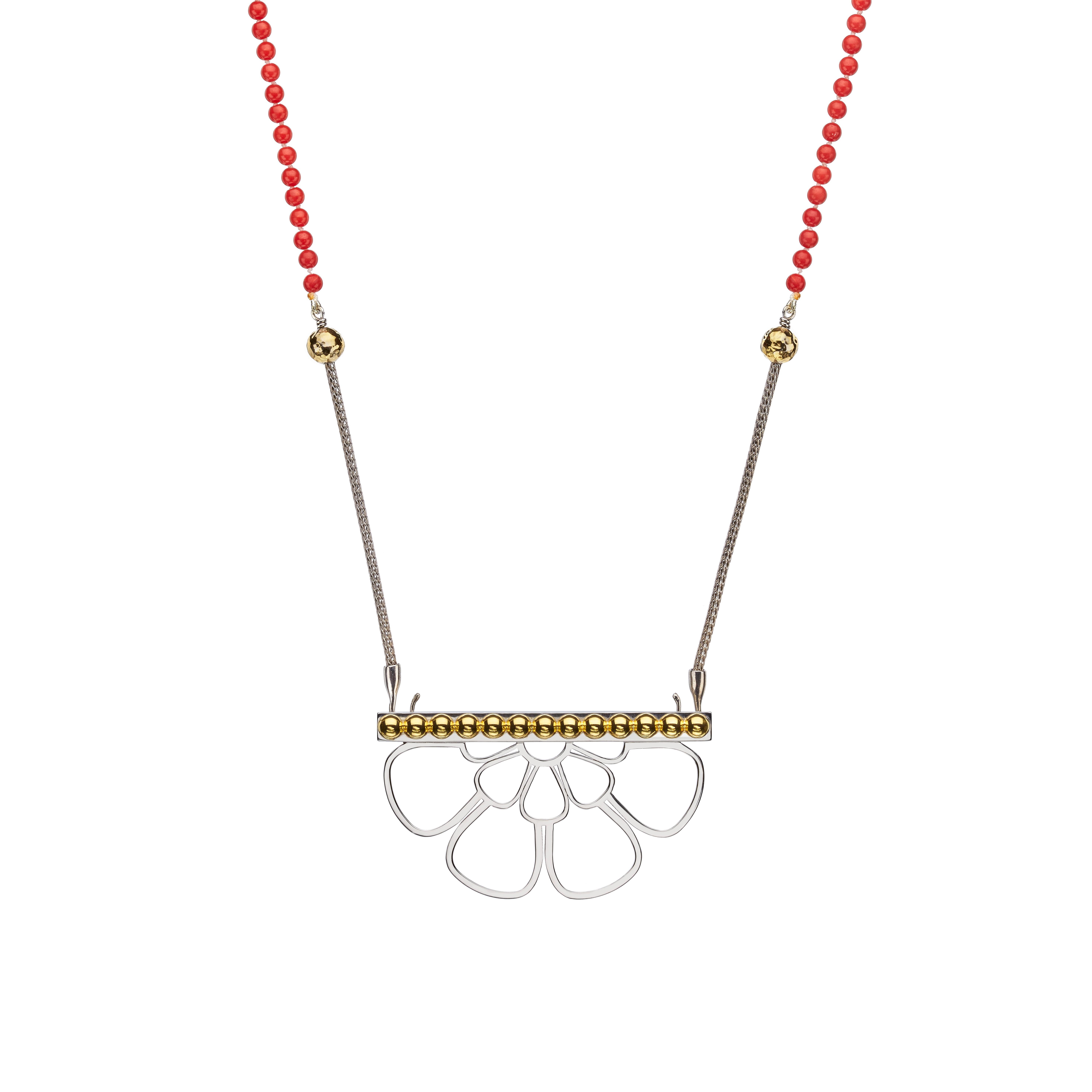 Ancient Greek Rosette Object D'Art which can be transformed into a Necklace, decorated with Red Coral beads in 18kt Gold and sterling Silver. 