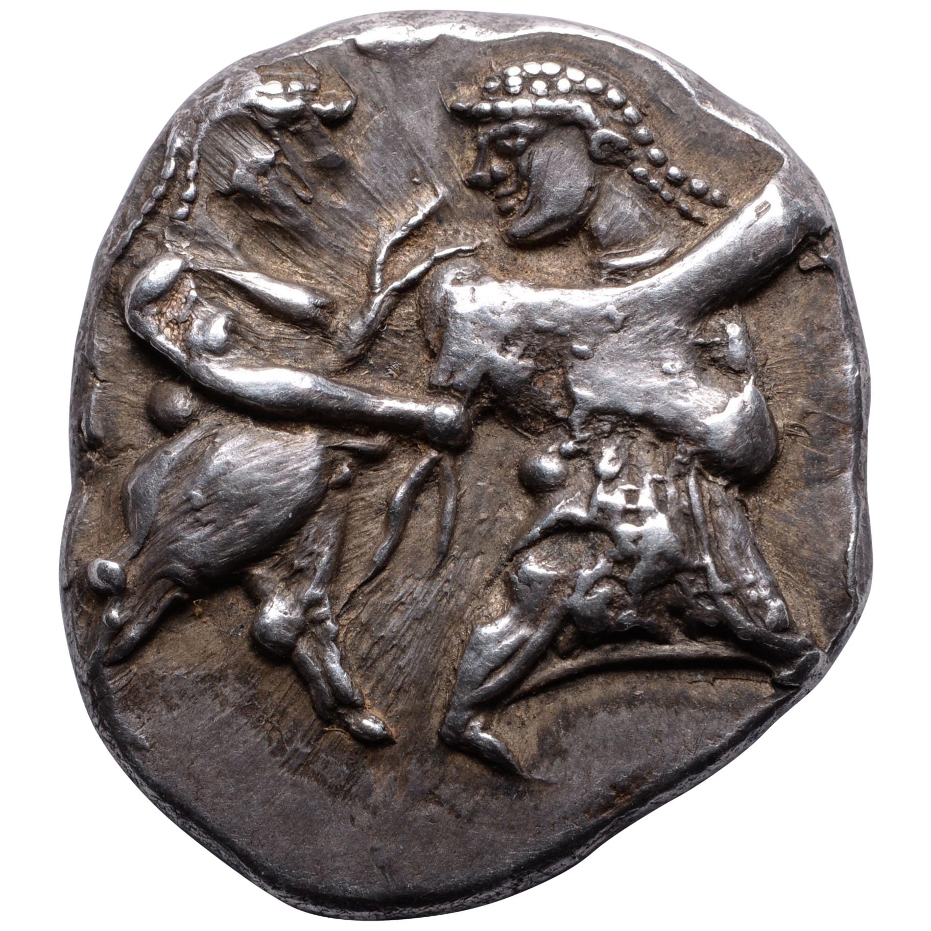 Ancient Greek Satyr and Nymph Silver Coin from Siris