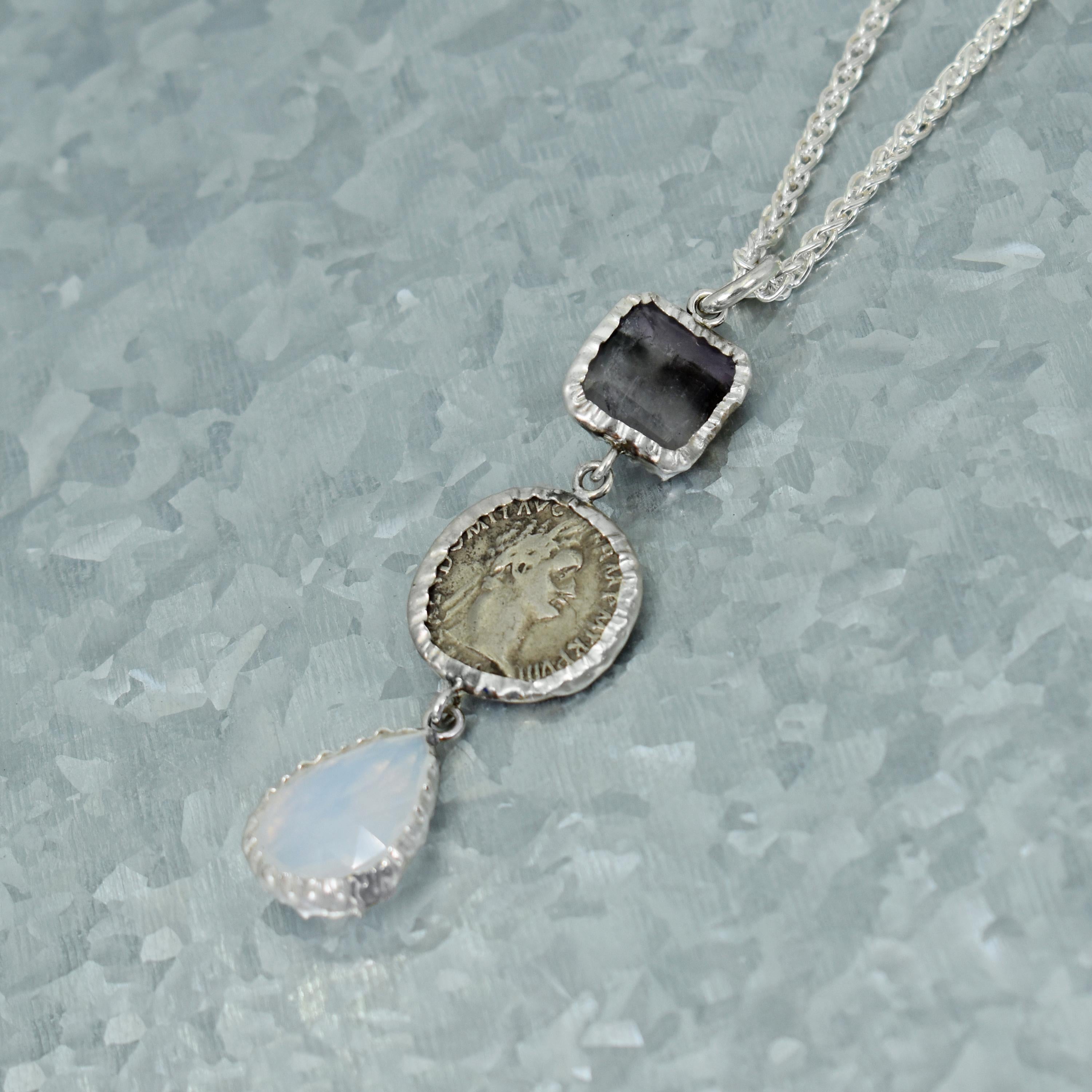 Blue John Fluorite, ancient Greek silver coin and rose cut moonstone sterling silver dangle drop pendant on a 20 inch sterling silver wheat chain necklace. Dangle pendant is 2.75 inches in length. Matching earrings are available separately on our