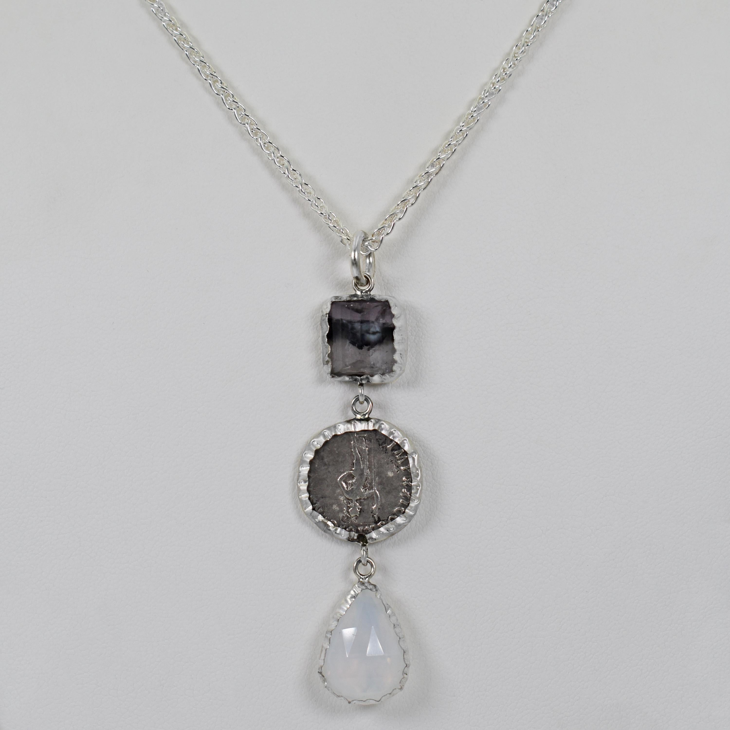 Contemporary Ancient Greek Silver Coin, Fluorite and Moonstone Dangle Pendant Necklace For Sale