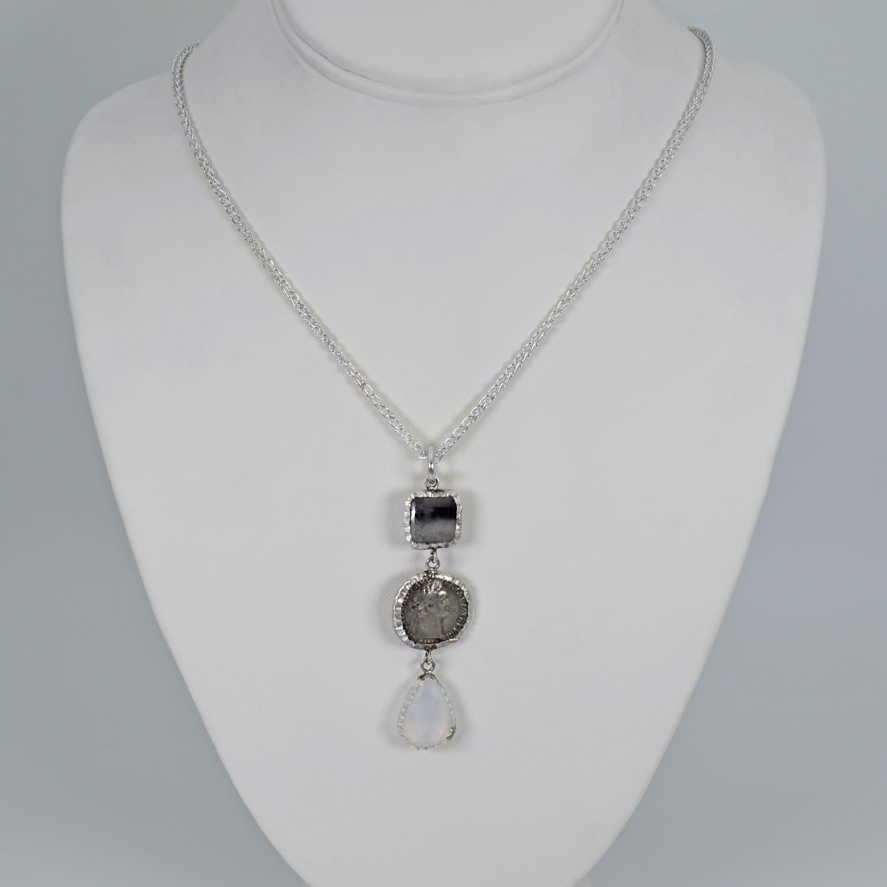 Rose Cut Ancient Greek Silver Coin, Fluorite and Moonstone Dangle Pendant Necklace For Sale