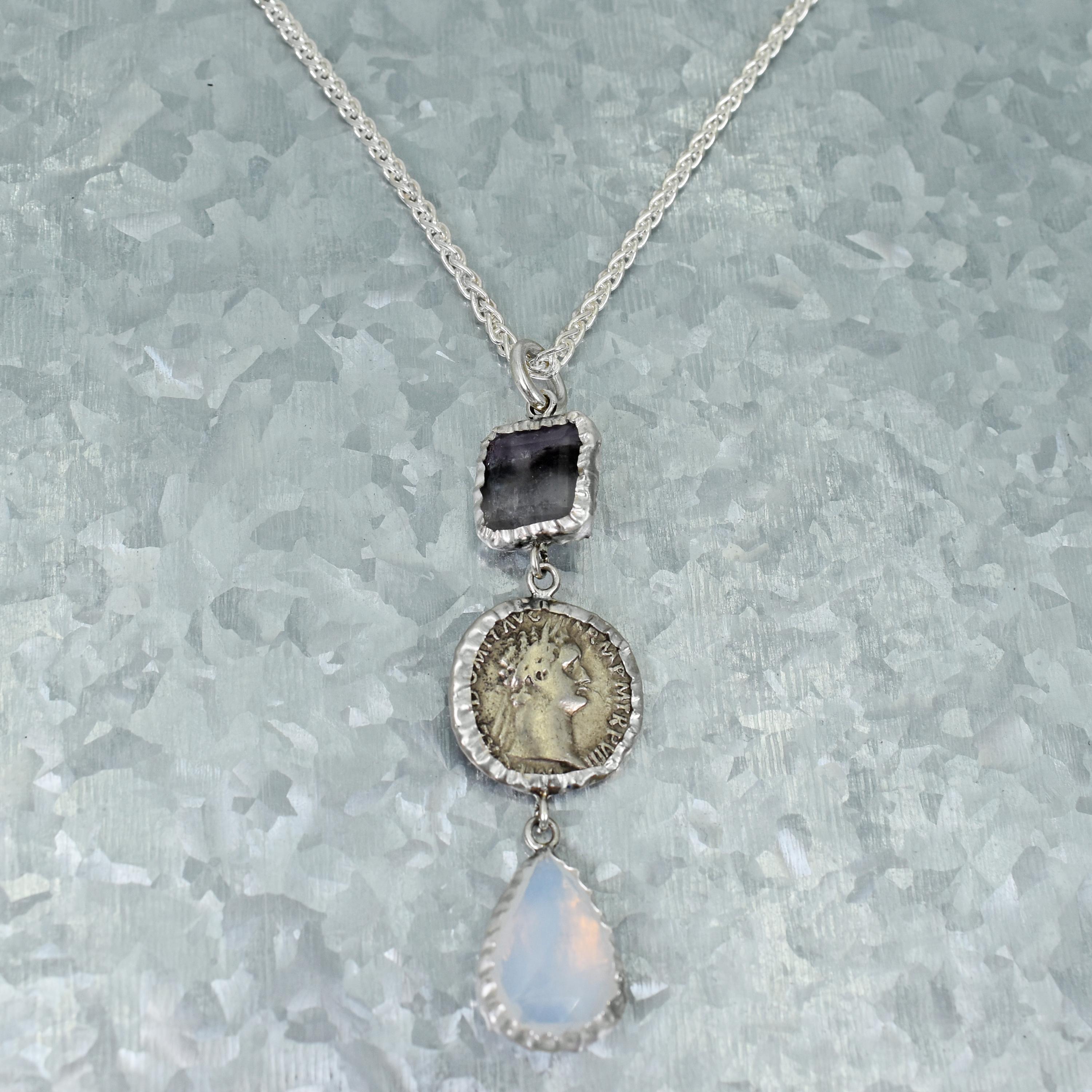 Ancient Greek Silver Coin, Fluorite and Moonstone Dangle Pendant Necklace In New Condition For Sale In Naples, FL