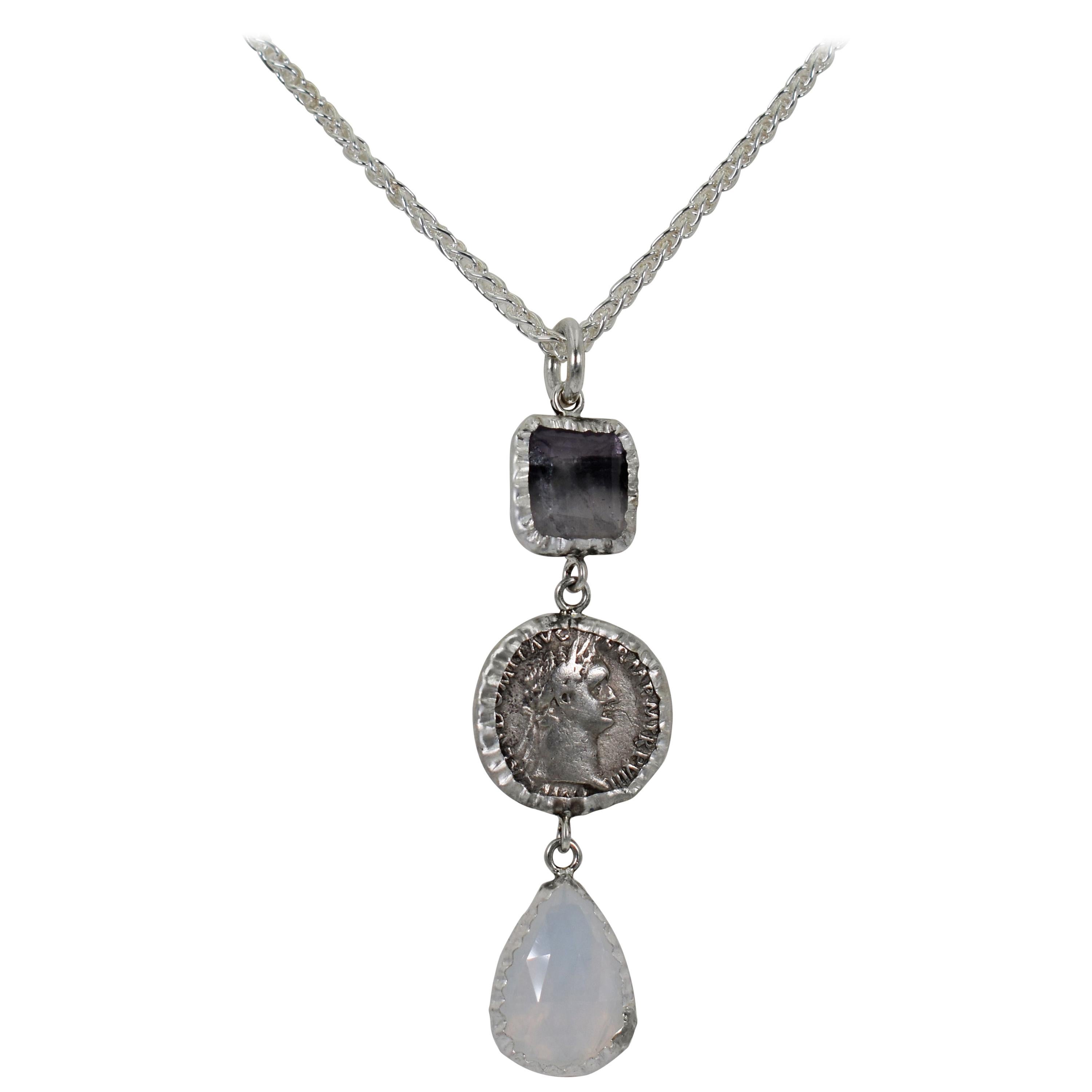 Ancient Greek Silver Coin, Fluorite and Moonstone Dangle Pendant Necklace