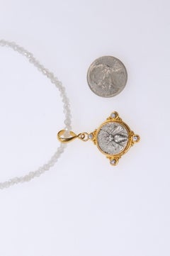 Ancient Greek Silver Drachm Bee/Stag Coin & 22 Kt Gold Pendant w/Diamond Accents