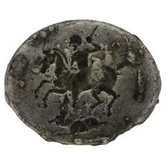 Antique Ancient Greek silver ring with hunting scene, circa 2nd century BC.