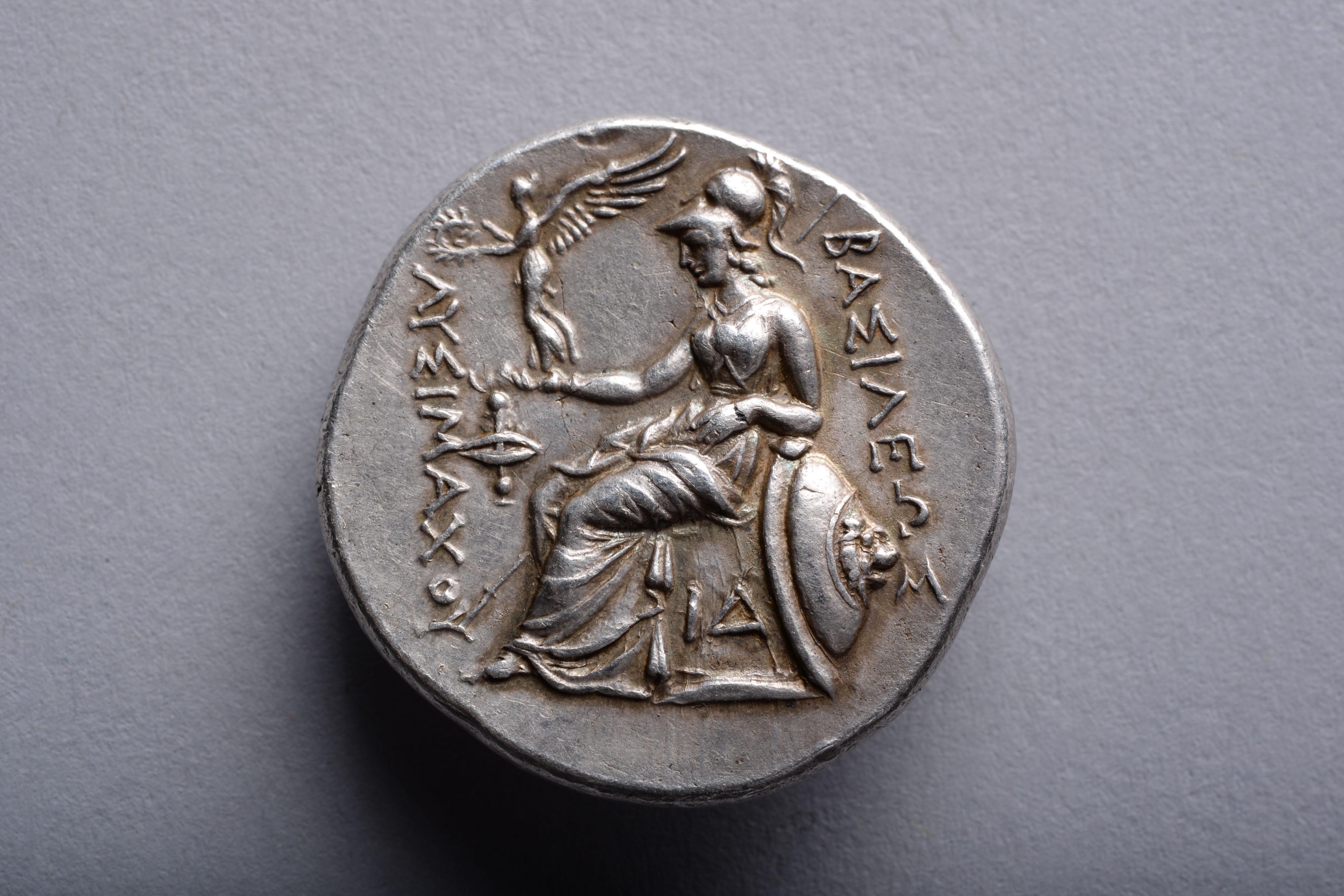 A beautiful, sculptural silver coin with the head of Alexander the Great, minted under one of Alexander's top generals and successors, King Lysimachos. Struck at the Lysimacheia mint, circa 297-281 BC.

The obverse with the deified Alexander, his