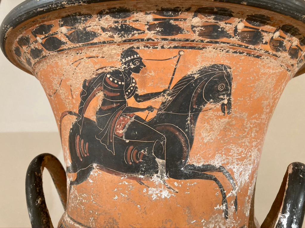 Hand-Painted Ancient Greek Style Terracotta Krater Vase with Horse and Rider