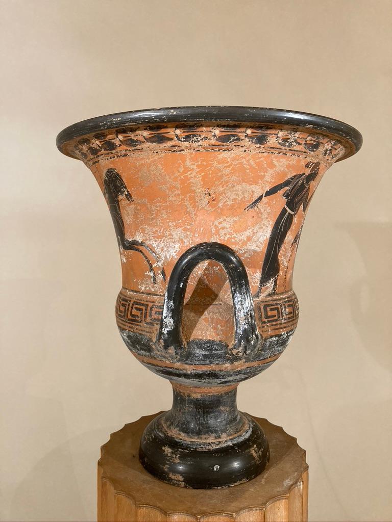 Ancient Greek Style Terracotta Krater Vase with Horse and Rider In Good Condition In Stamford, CT