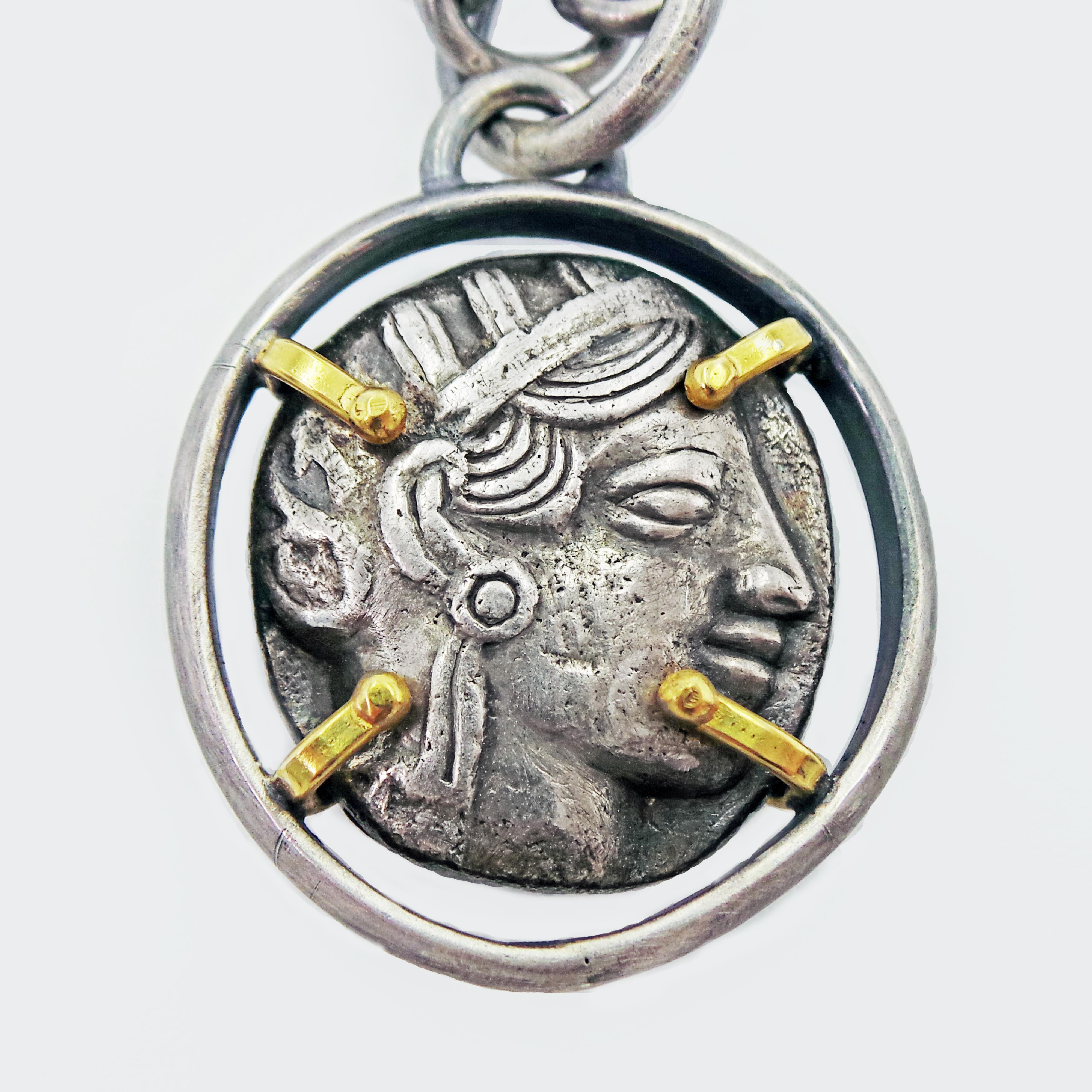 Ancient Greek Tetradrachm Silver Coin Reversible Pendant on Chain Necklace In New Condition In Naples, FL