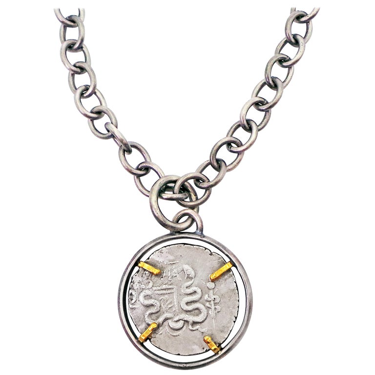 Ancient Greek Tetradrachm Silver Coin Reversible Pendant on Chain Necklace For Sale