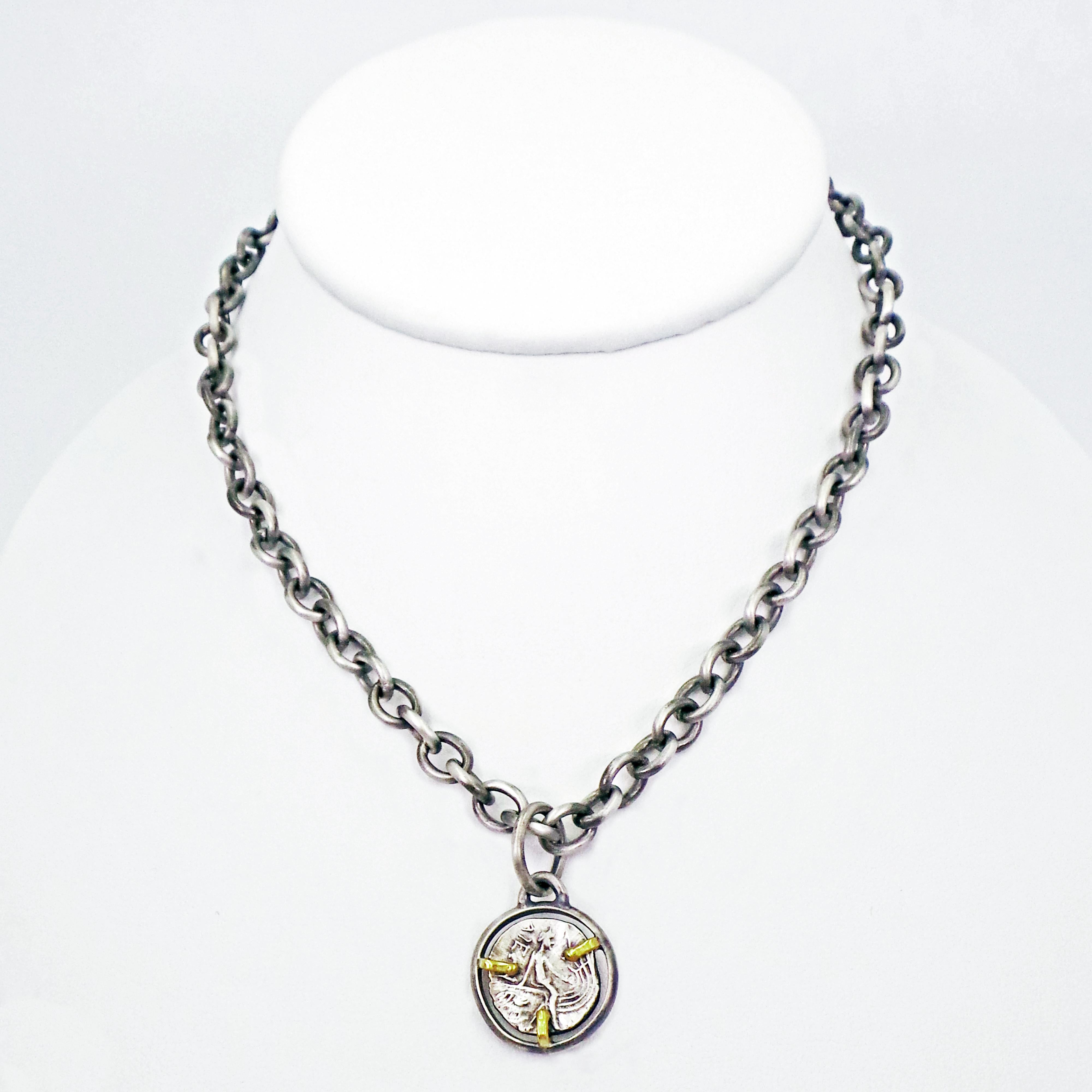 Women's or Men's Ancient Greek Tetrobol Silver Coin Reversible Pendant on Oxidized Chain Necklace For Sale