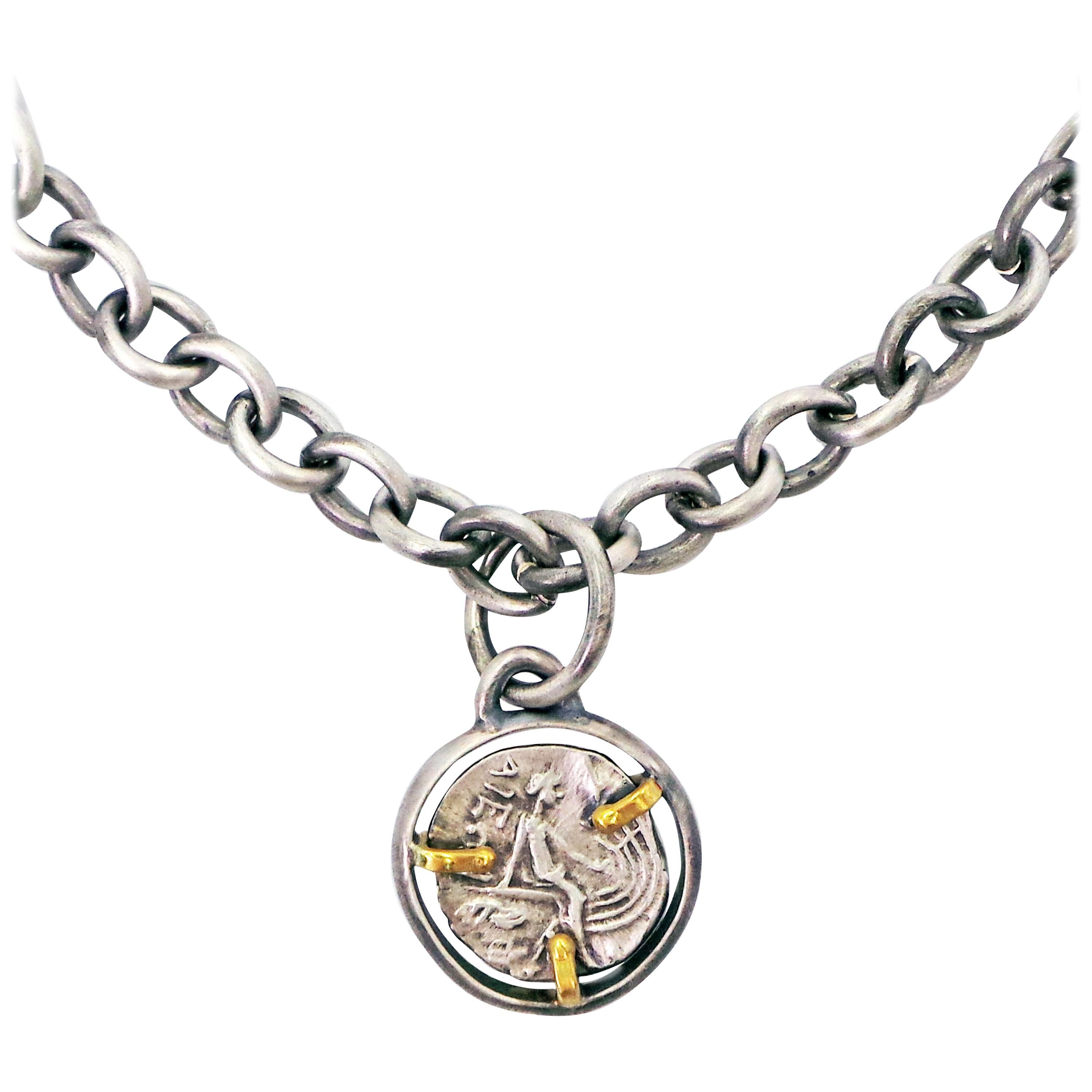 Ancient Greek Tetrobol Silver Coin Reversible Pendant on Oxidized Chain Necklace