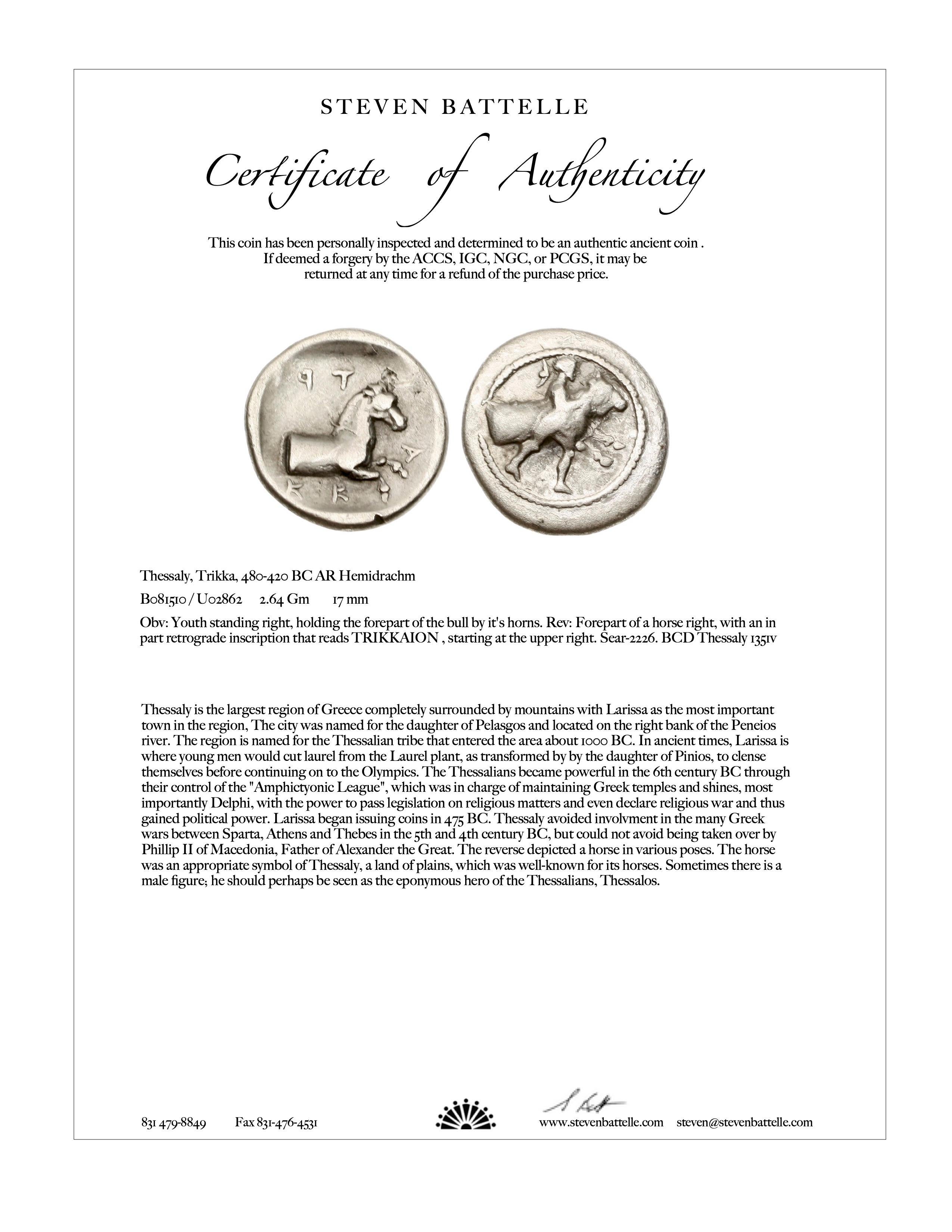 Grec classique Pendentif grec antique Thessalie du 5e siècle avant J.-C., pièce de monnaie cheval en argent et or 18 carats en vente