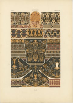 Pl. 5 Stampa antica di ornamenti greci di Racinet, 'circa 1890'. 5 Stampa antica di ornamenti greci di Racinet, "circa 1890".