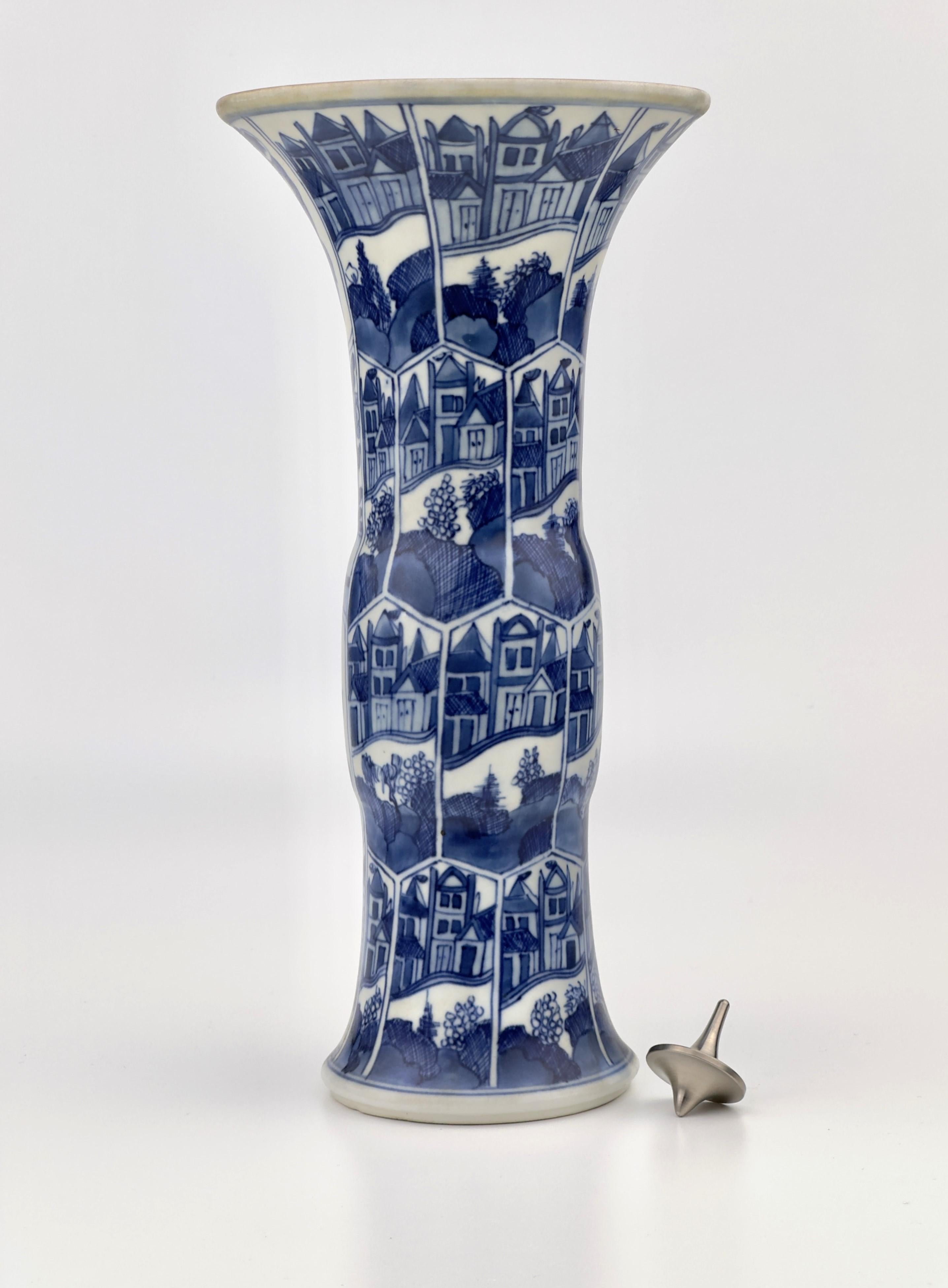 Chinese Ancient Gu Shape 'Canal Houses' Vase, Qing Dynasty, Kangxi Era, Circa 1690 For Sale