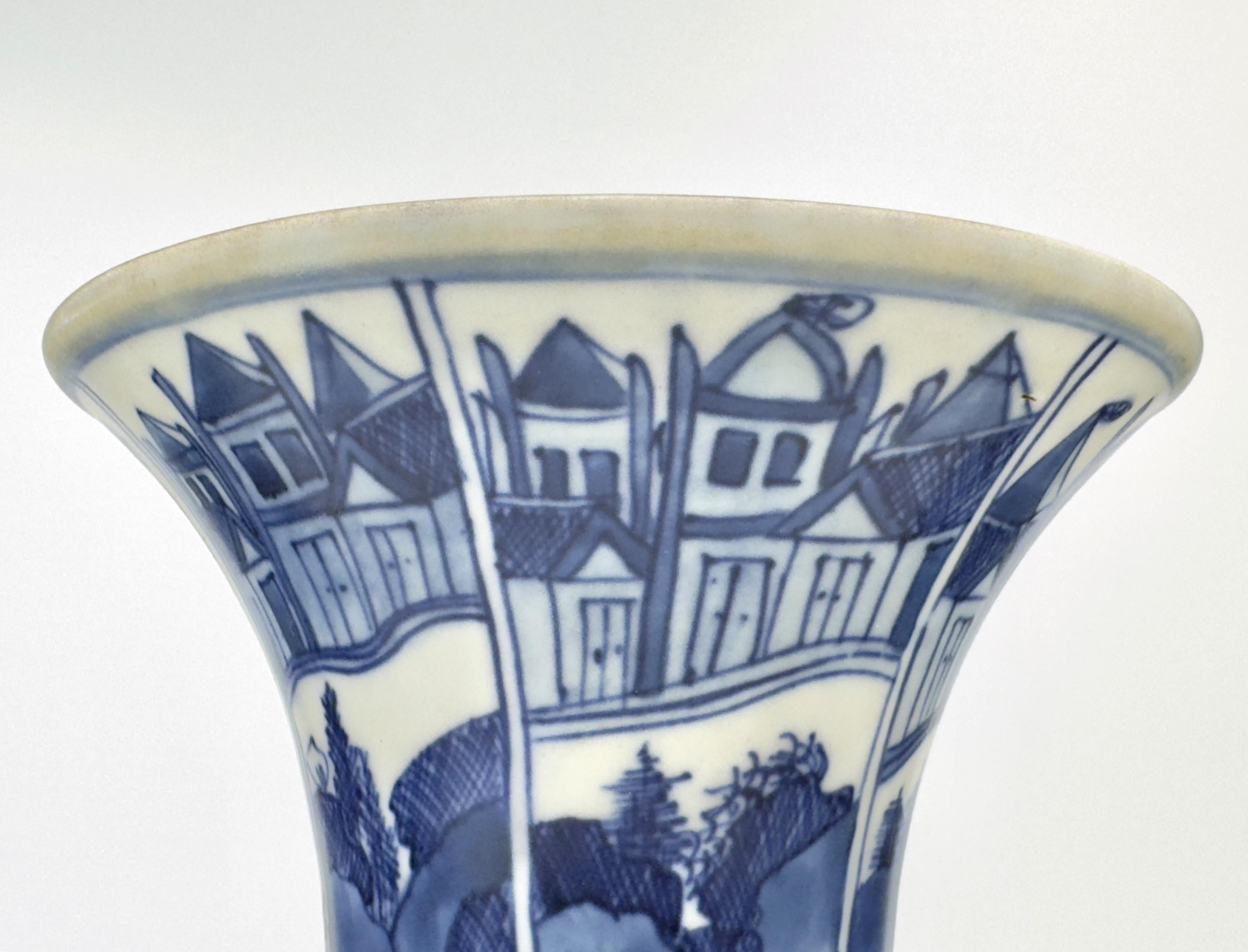 Ceramic Ancient Gu Shape 'Canal Houses' Vase, Qing Dynasty, Kangxi Era, Circa 1690 For Sale